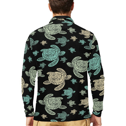 Sea Turtle Stamp Pattern Long Sleeve Polo Shirt For Men's