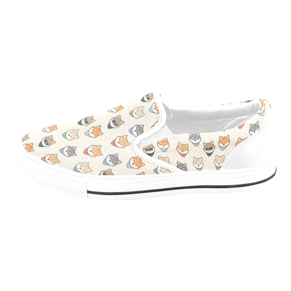 Shiba Inu Print Design LKS3010 White Slip Ons Canvas Women's Shoes
