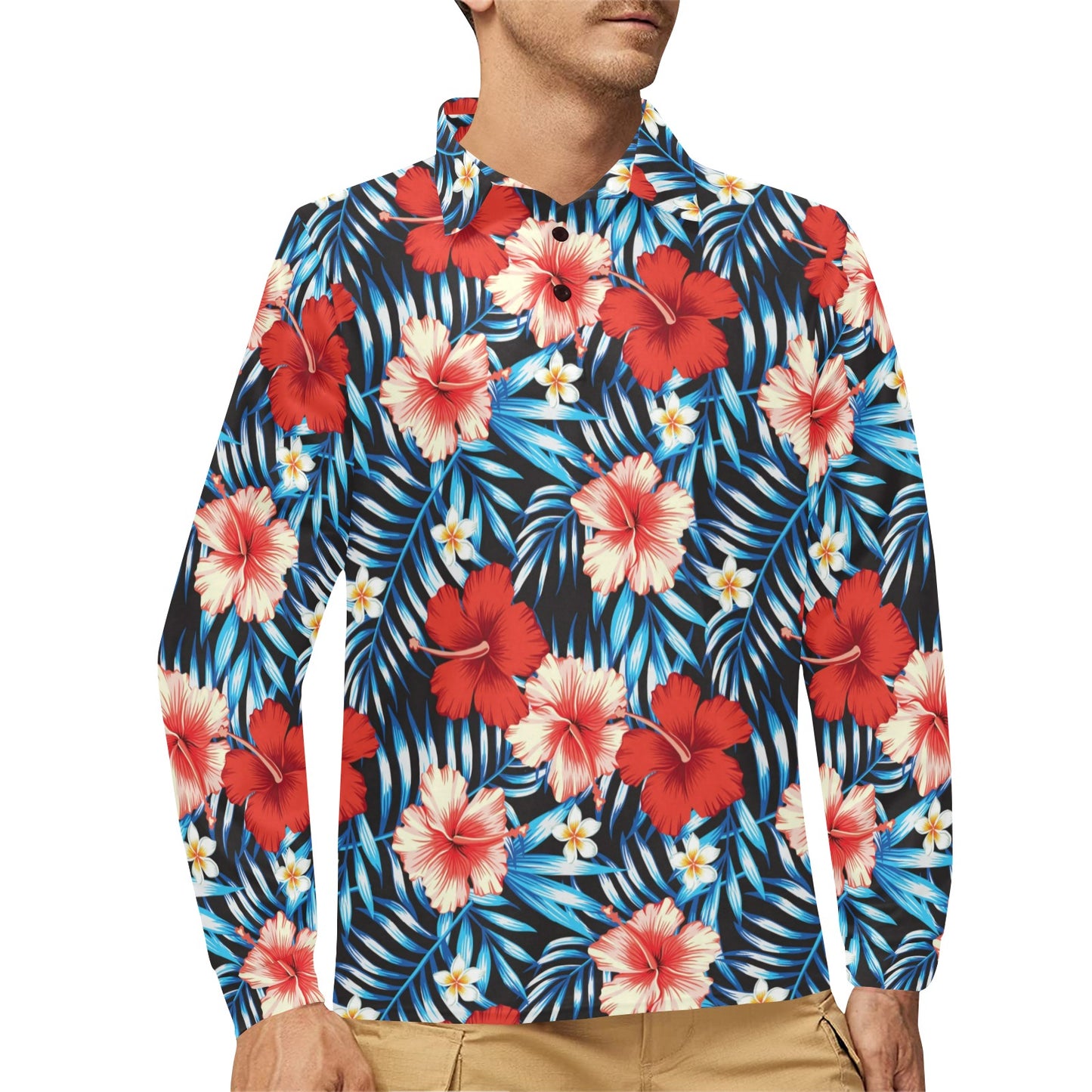 Red Hibiscus Blue Scene Long Sleeve Polo Shirt For Men's