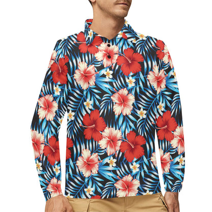 Red Hibiscus Blue Scene Long Sleeve Polo Shirt For Men's