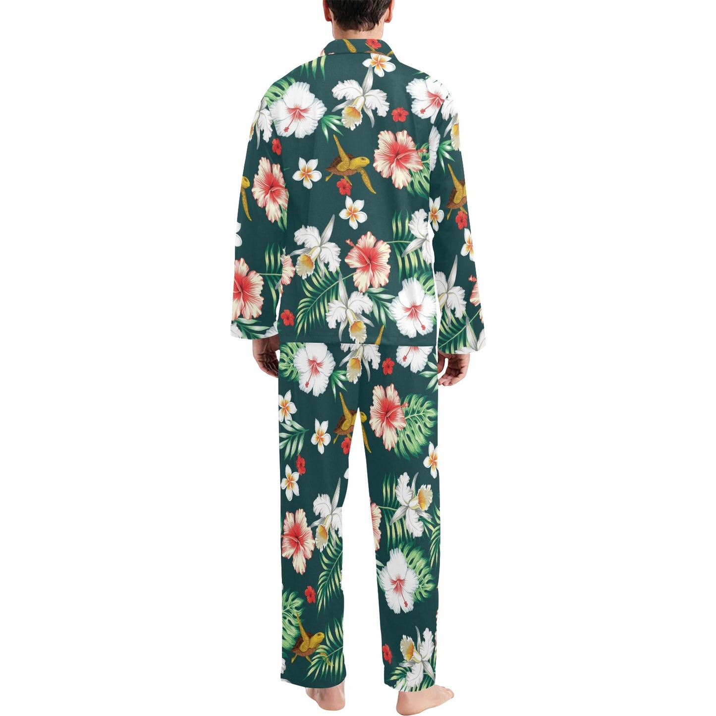 Hawaiian Flower Design with SeaTurtle Print Men's Long Pajama Set
