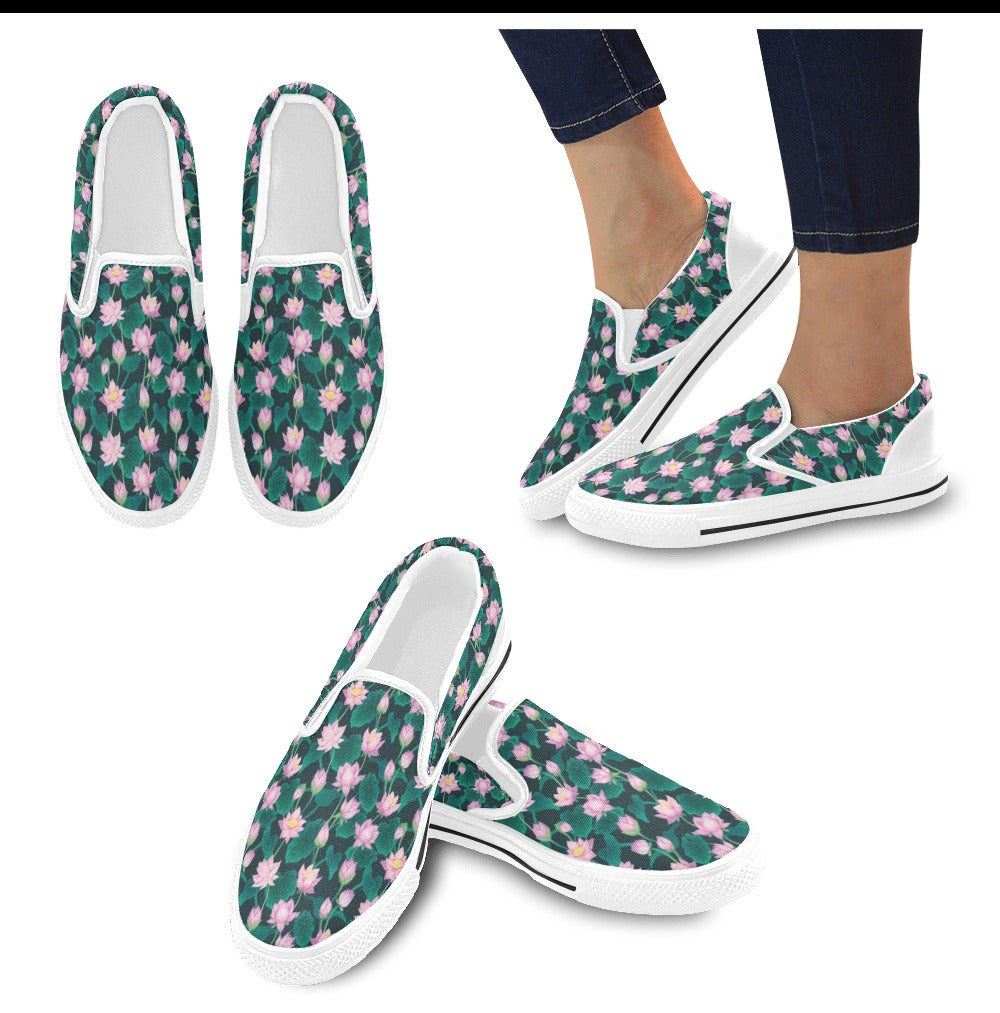 Water Lily Print Design LKS302 White Slip Ons Canvas Women's Shoes