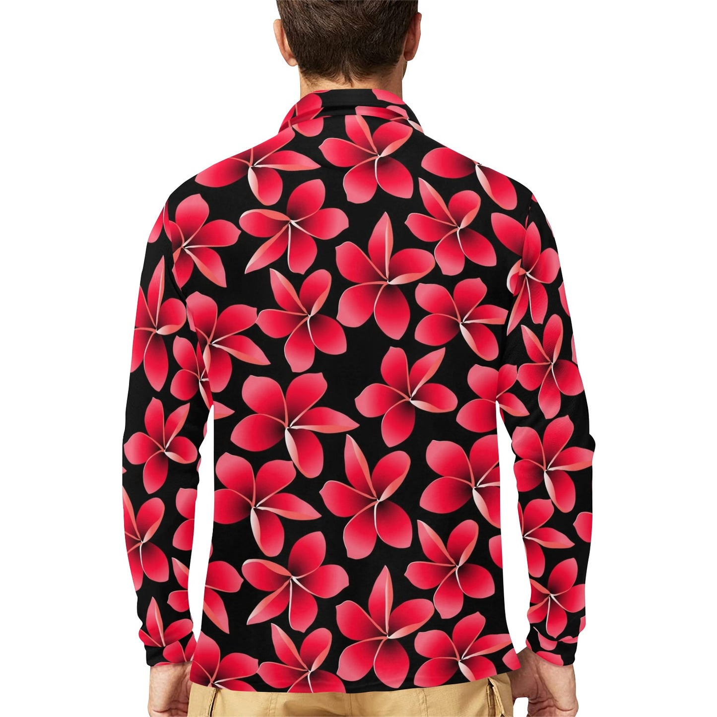 Red Plumeria Pattern Print Design PM025 Long Sleeve Polo Shirt For Men's