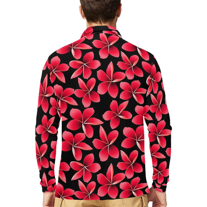 Red Plumeria Pattern Print Design PM025 Long Sleeve Polo Shirt For Men's