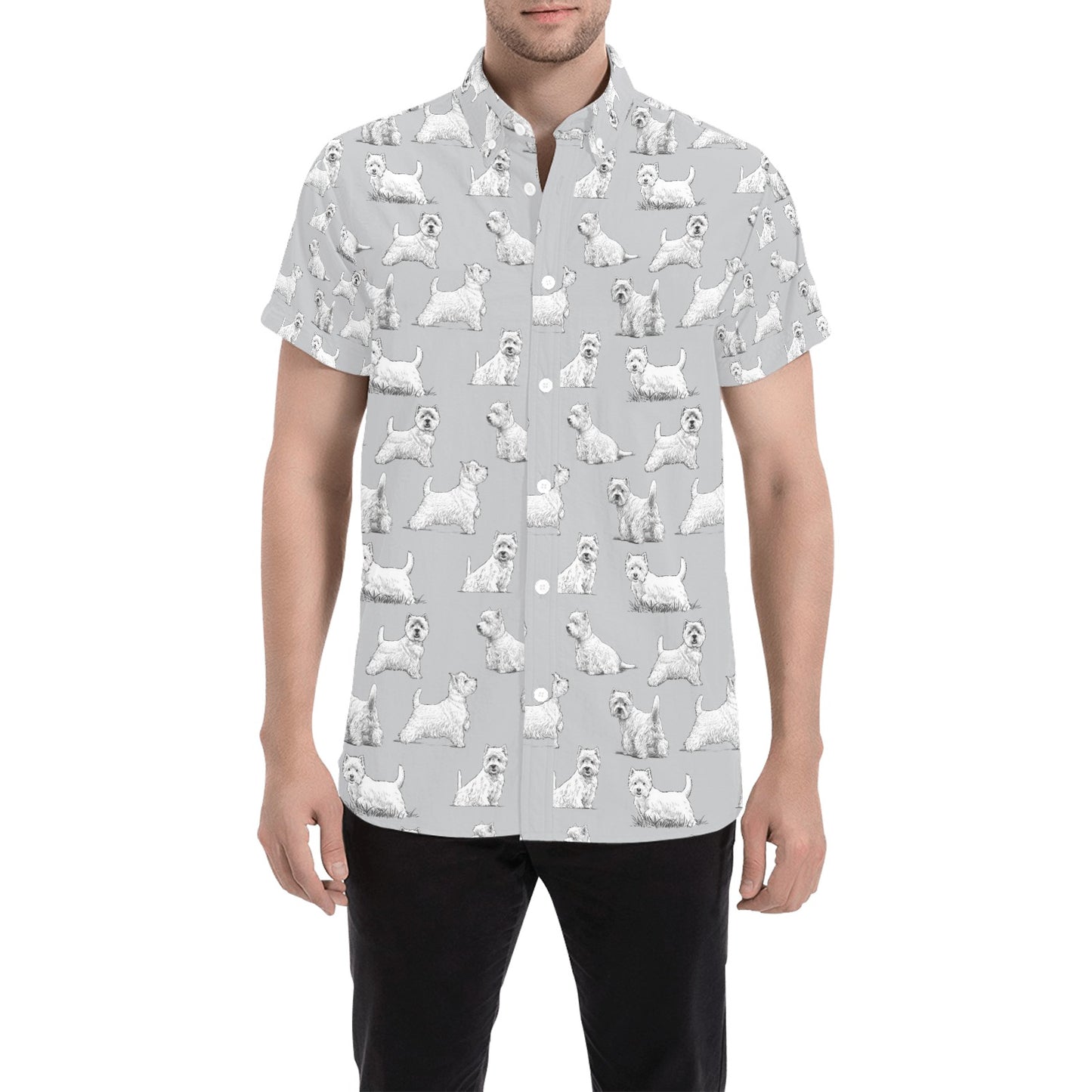 Scottish Terriers Print Design LKS3011 Men Short Sleeve Button Up Shirt