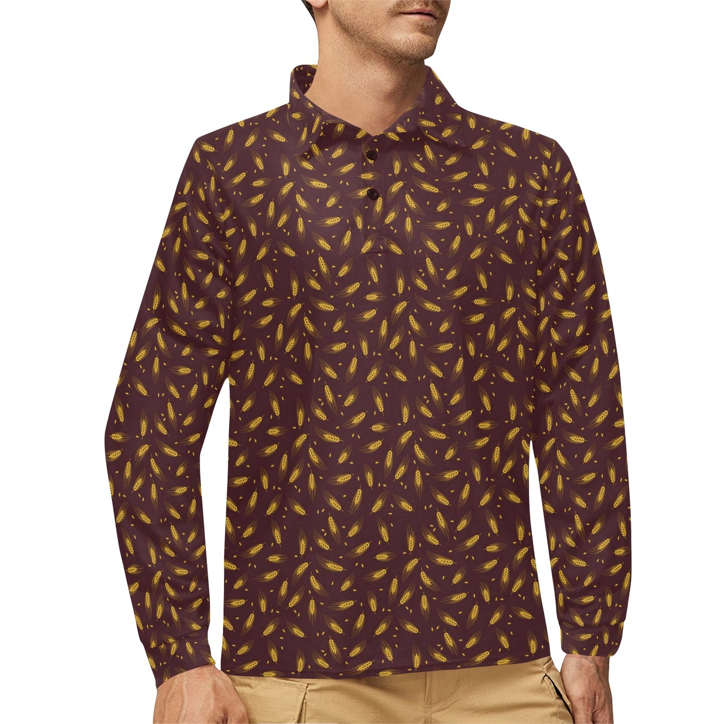 Agricultural Gold Wheat Print Pattern Long Sleeve Polo Shirt For Men's