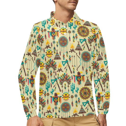 Tribal indians native american aztec Long Sleeve Polo Shirt For Men's