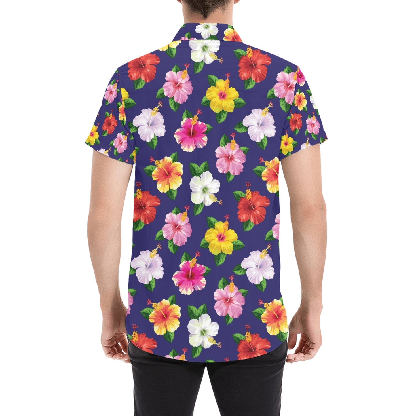 Hibiscus Colorful Print Design LKS301 Men Short Sleeve Button Up Shirt