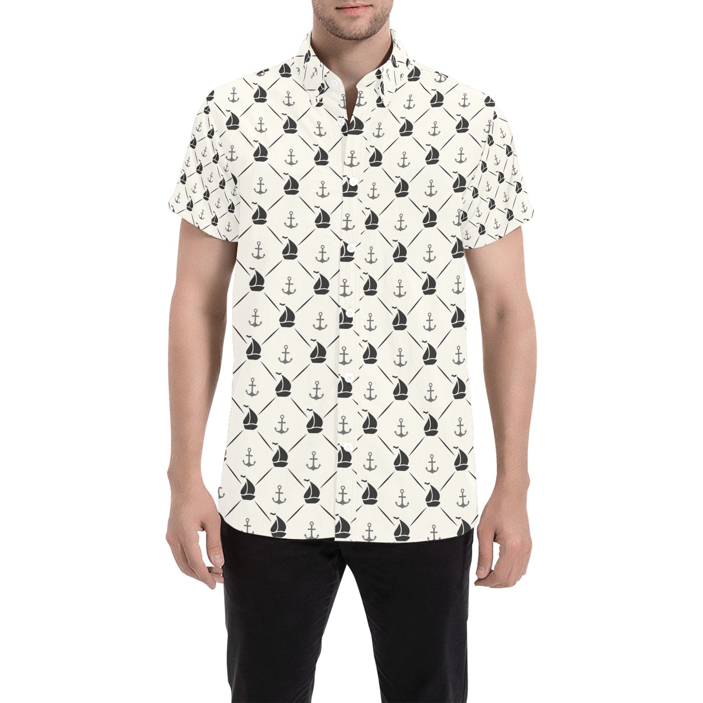 Sailboat Print Design LKS302 Men Short Sleeve Button Up Shirt