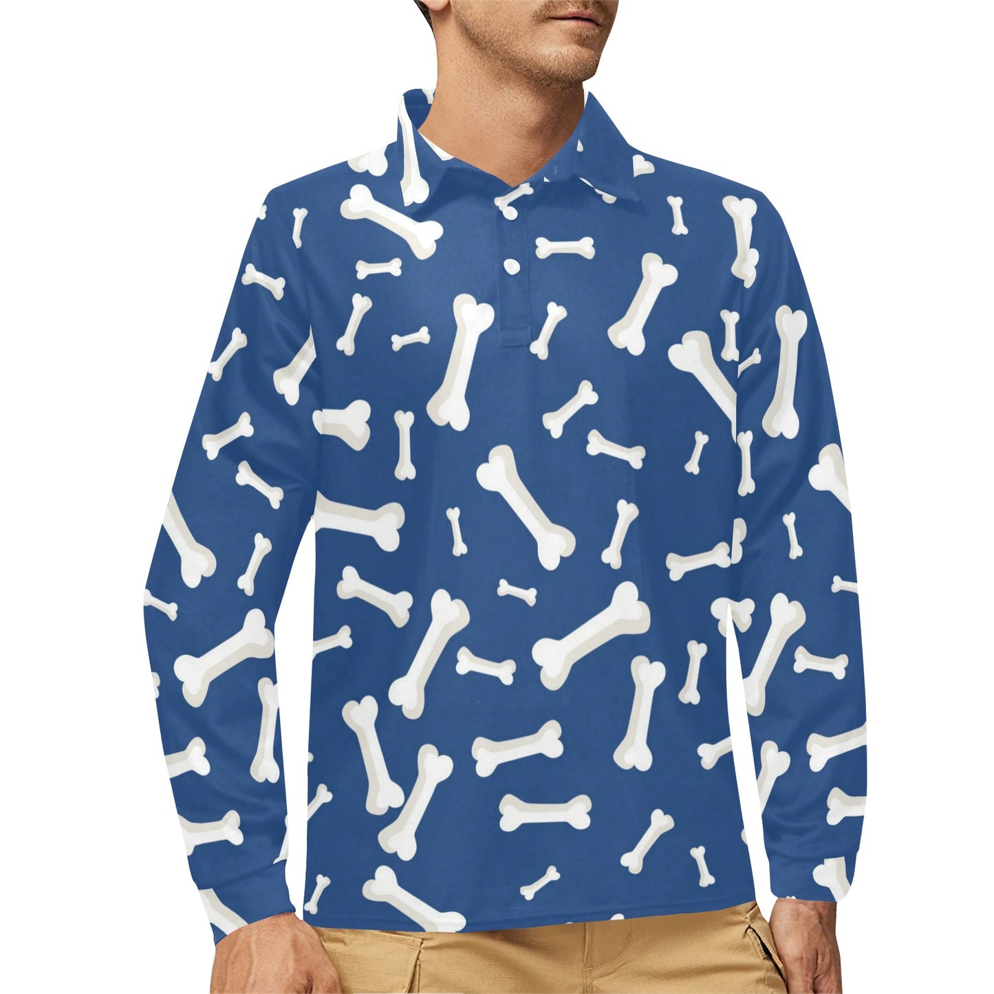 Dog Bone Pattern Print Design 03 Long Sleeve Polo Shirt For Men's