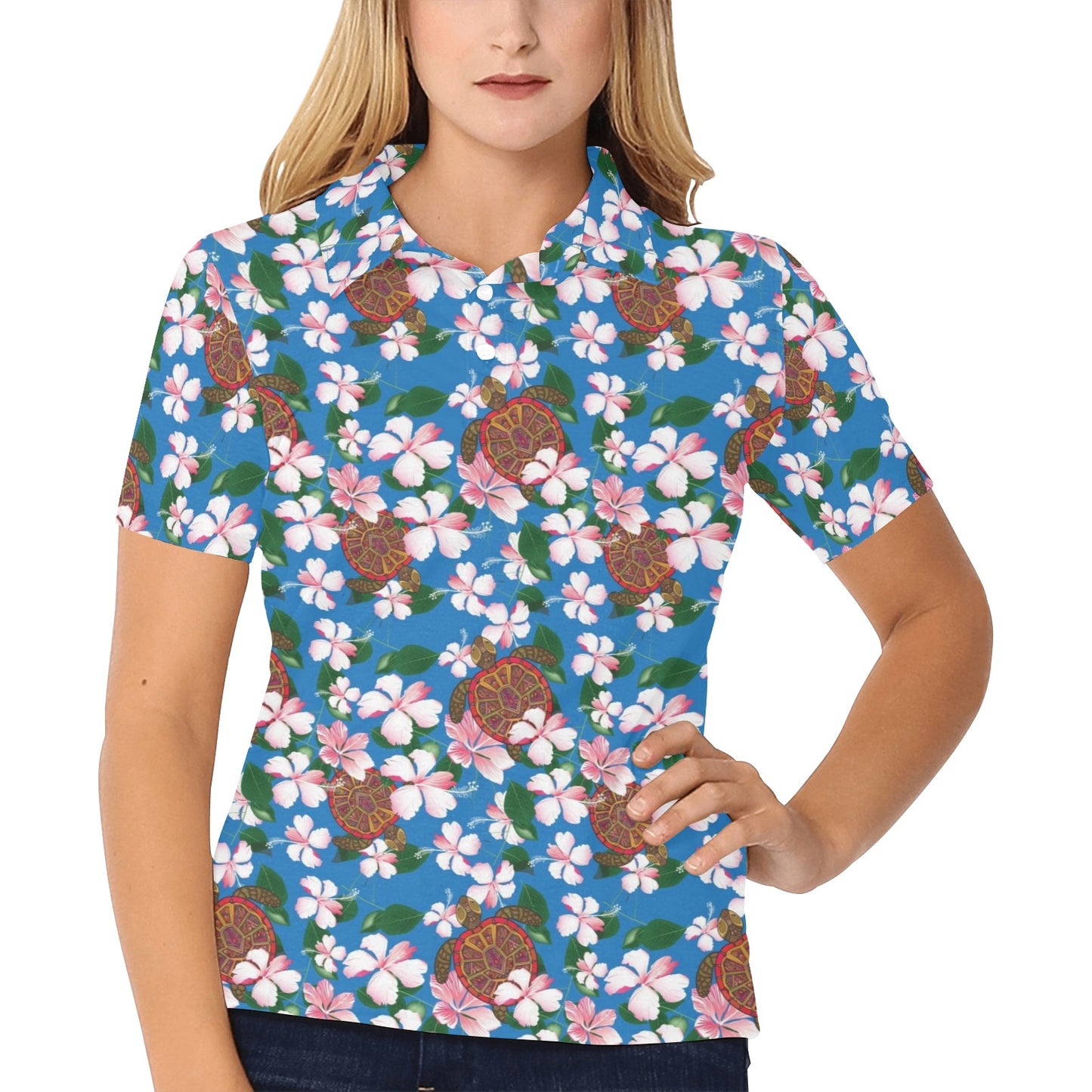 Sea Turtle Pink Hibiscus Hawaiian Print Women's Polo Shirt