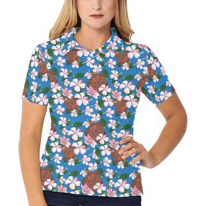 Sea Turtle Pink Hibiscus Hawaiian Print Women's Polo Shirt