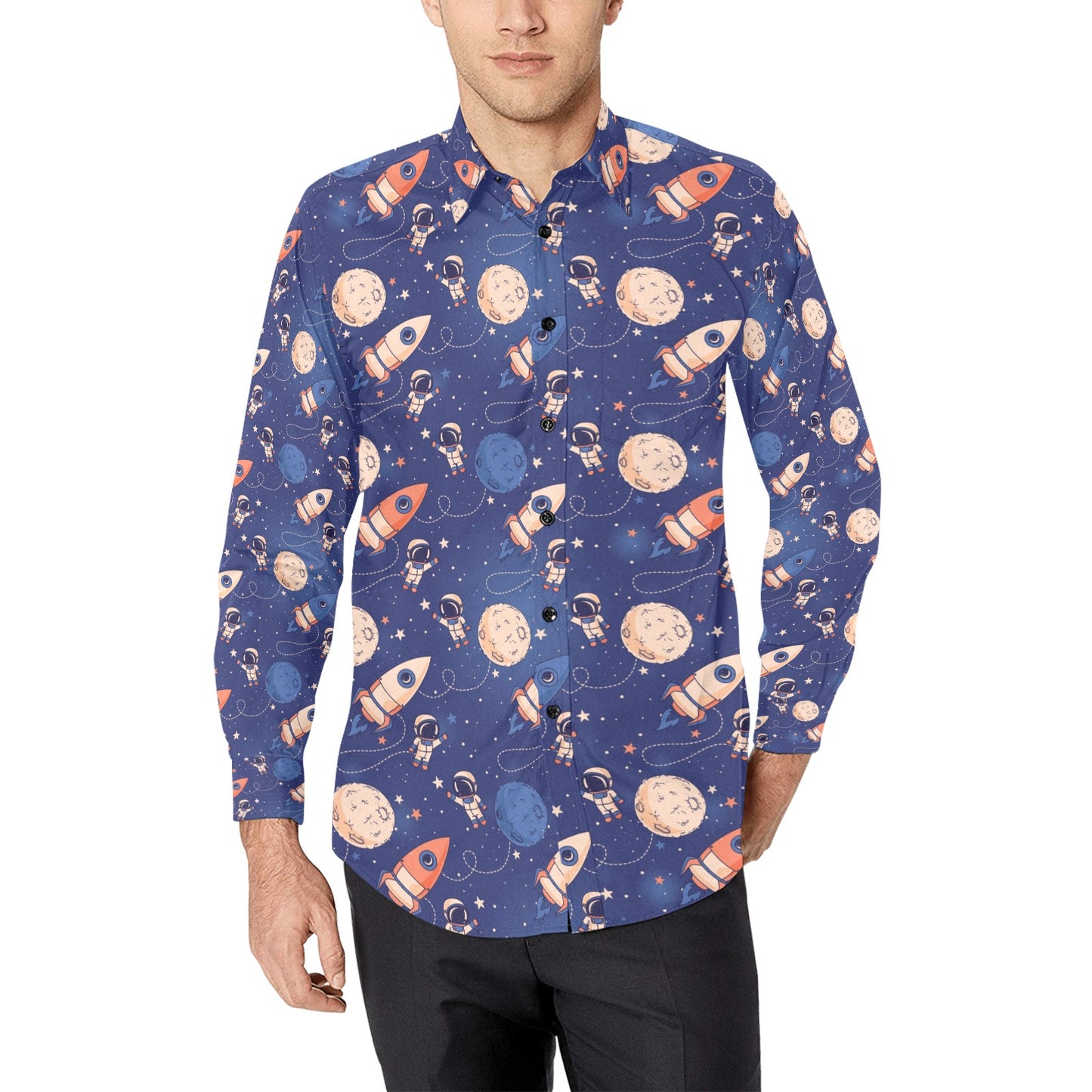 Space Astronaut Rocket Print Design LKS304 Men's Long Sleeve Dress Shirt