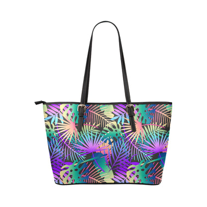 Neon Flower Tropical Palm Leaves Leather Tote Bag