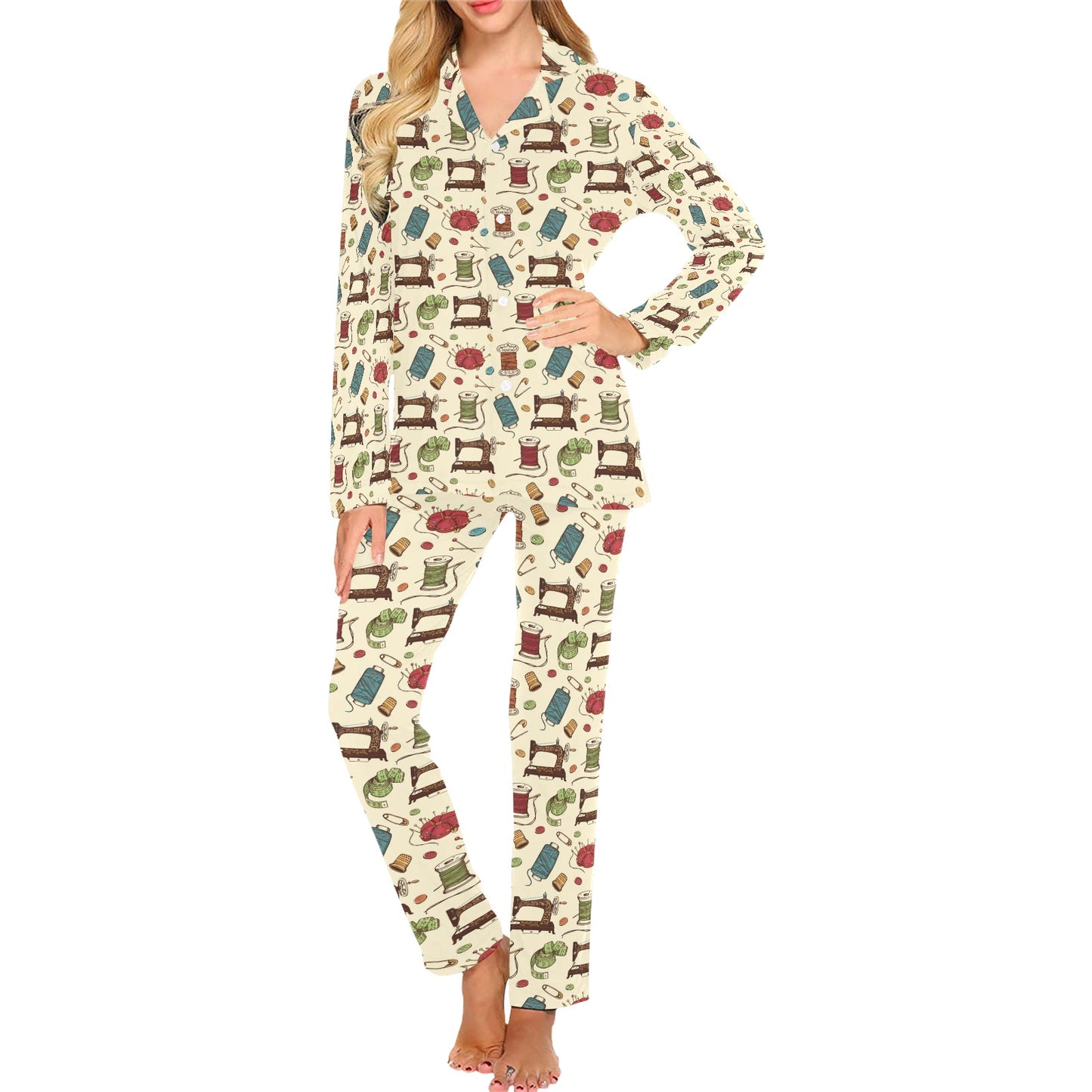 Sewing Equipment Print Design LKS303 Women's Long Pajama Set
