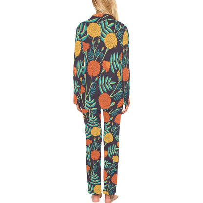 Marigold Pattern Print Design MR01 Women's Long Pajama Set