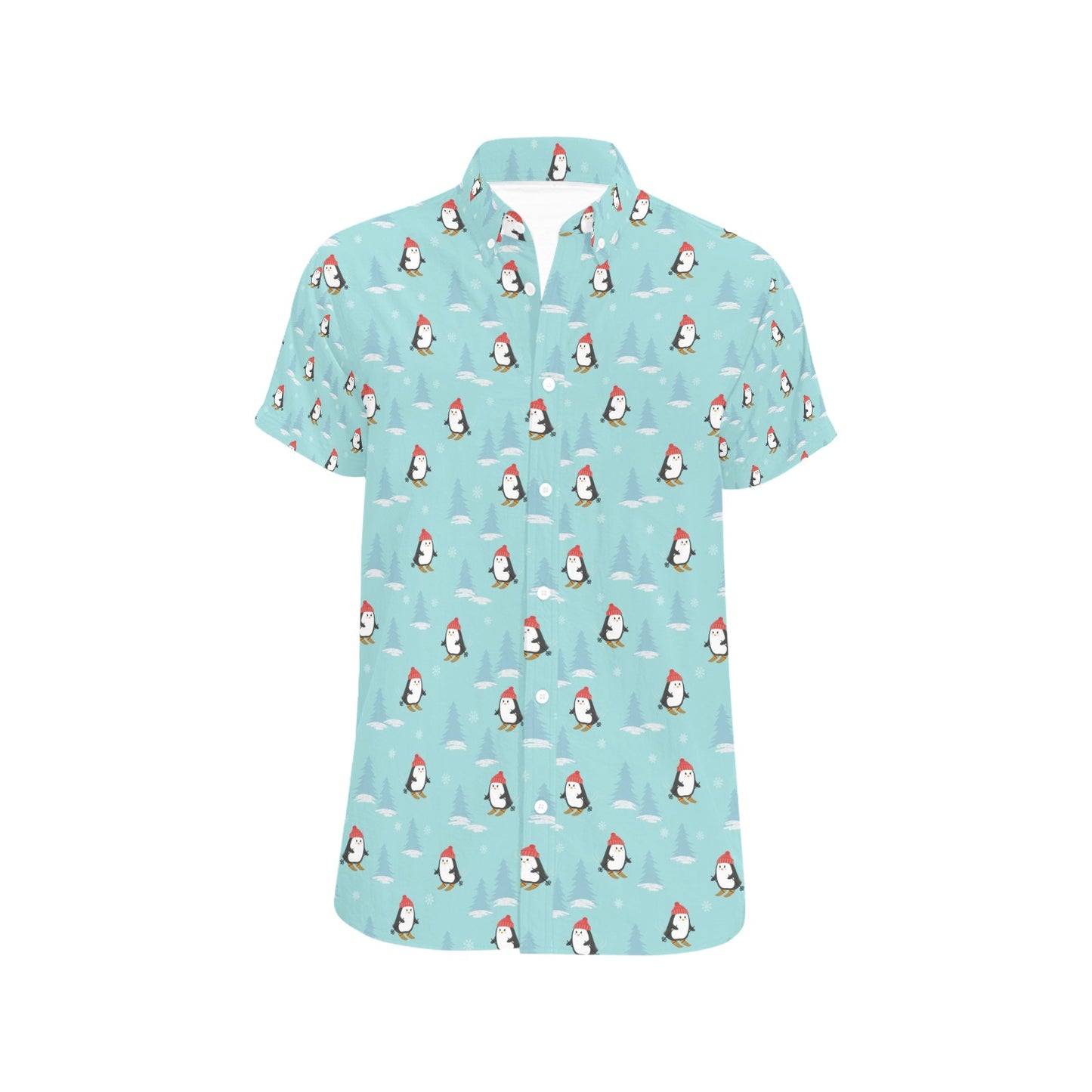 Ski Penguin Print Design LKS304 Men Short Sleeve Button Up Shirt