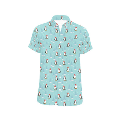 Ski Penguin Print Design LKS304 Men Short Sleeve Button Up Shirt
