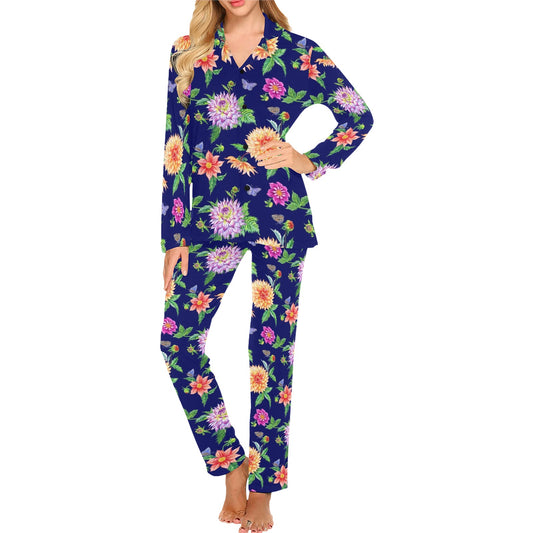 Dahlia Pattern Print Design DH010 Women's Long Pajama Set