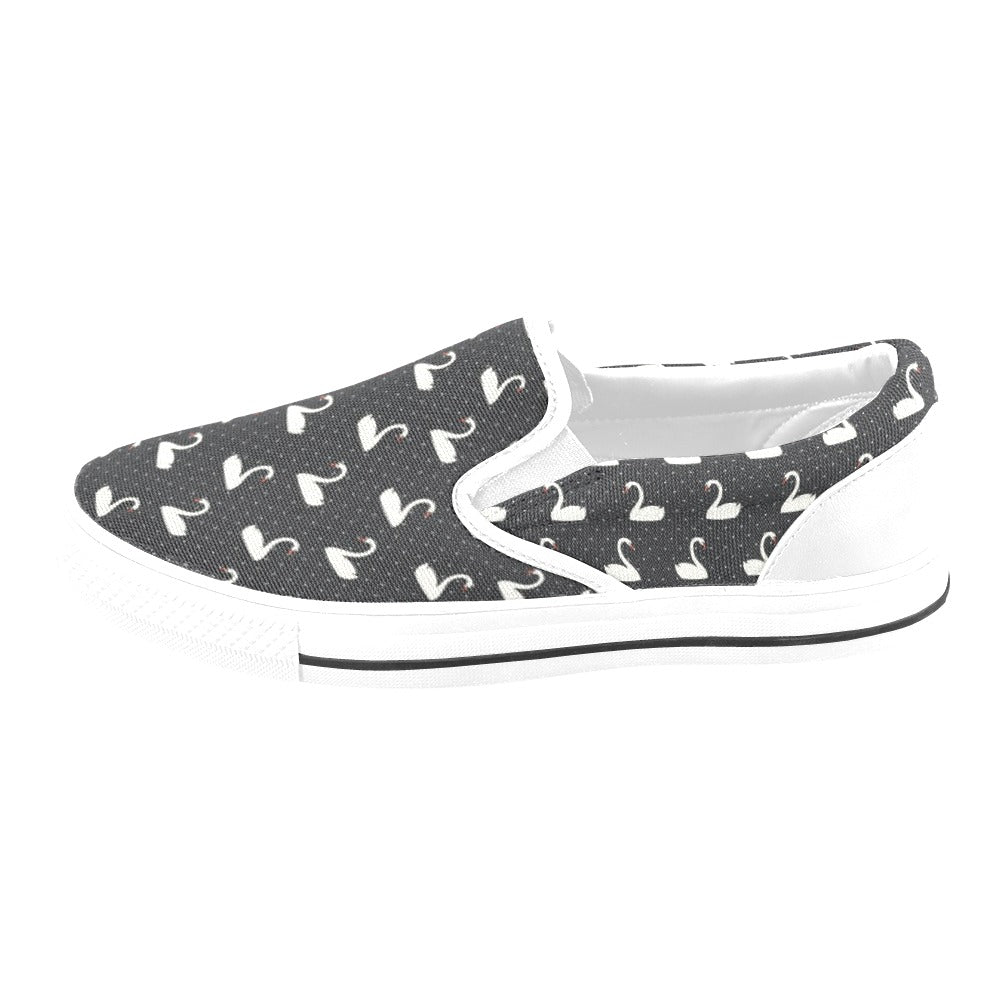 Swan Print Design LKS401 White Slip Ons Canvas Women's Shoes