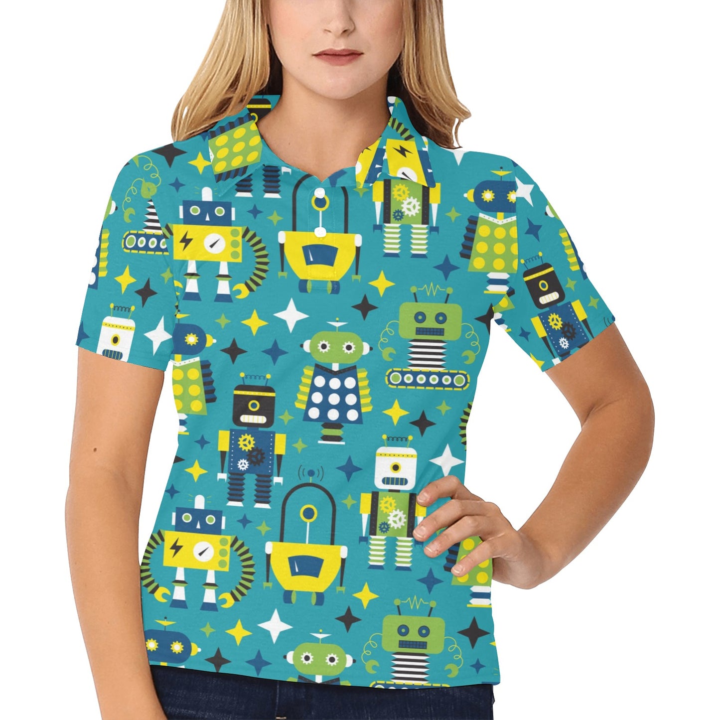 Robot Pattern Print Design A02 Women's Polo Shirt