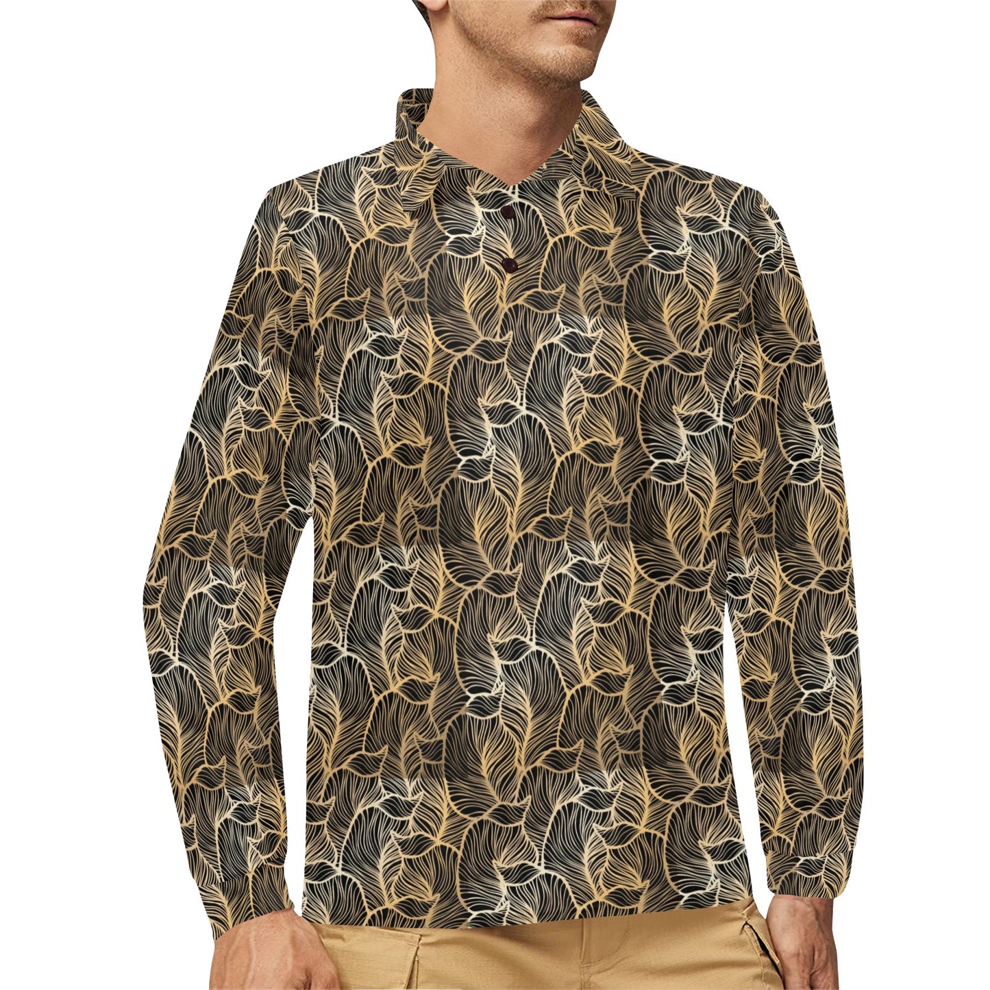 Elegant Gold leaf Print Long Sleeve Polo Shirt For Men's