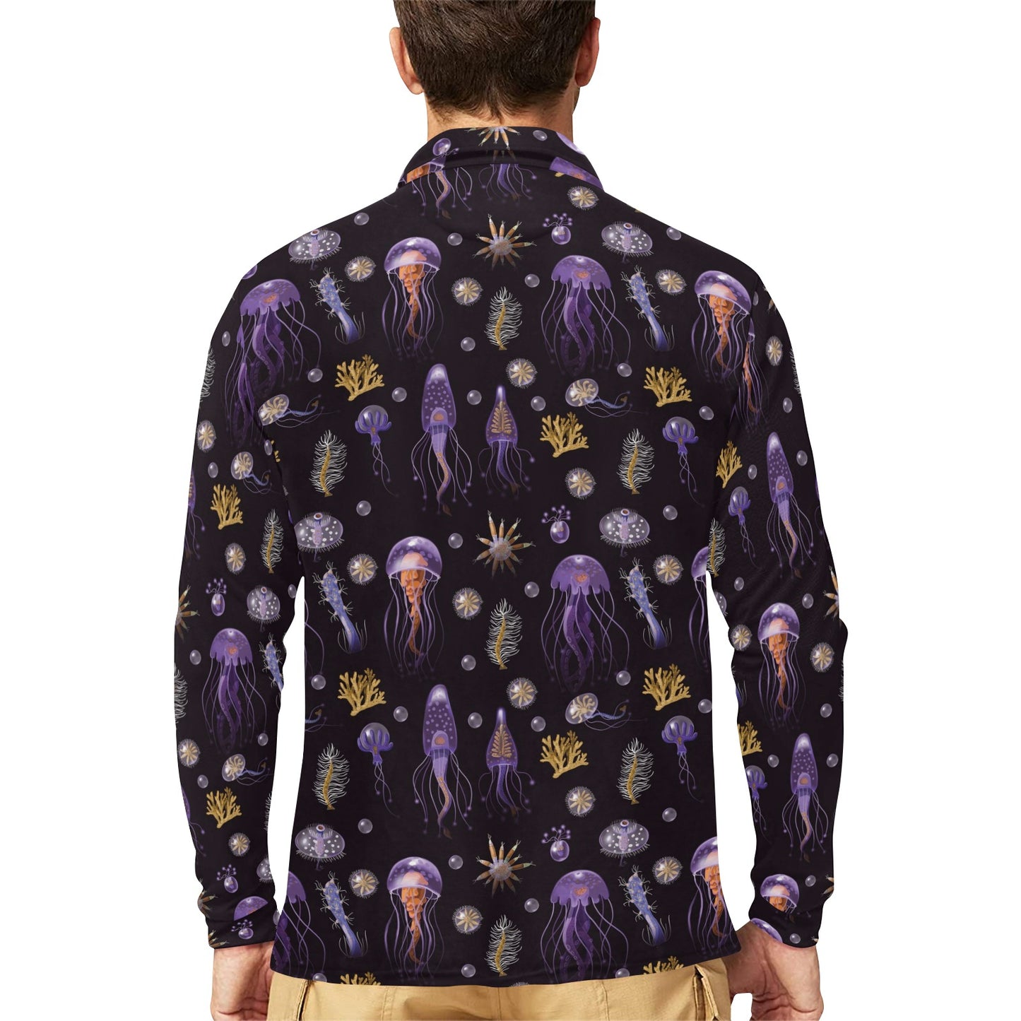 Seaweed With Jelly Fish Print Design LKS305 Long Sleeve Polo Shirt For Men's