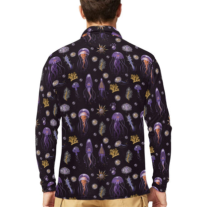 Seaweed With Jelly Fish Print Design LKS305 Long Sleeve Polo Shirt For Men's