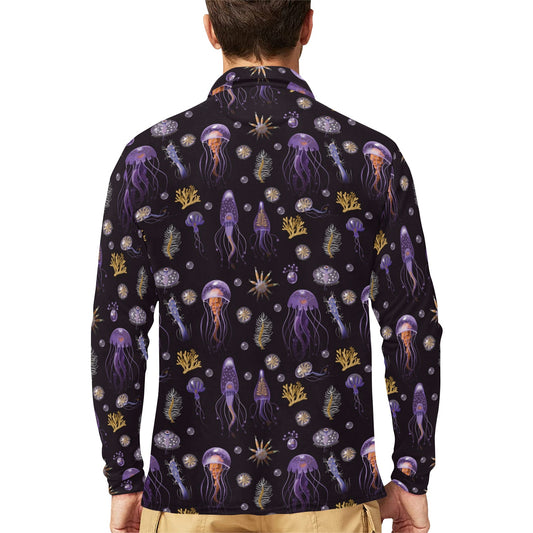 Seaweed With Jelly Fish Print Design LKS305 Long Sleeve Polo Shirt For Men's