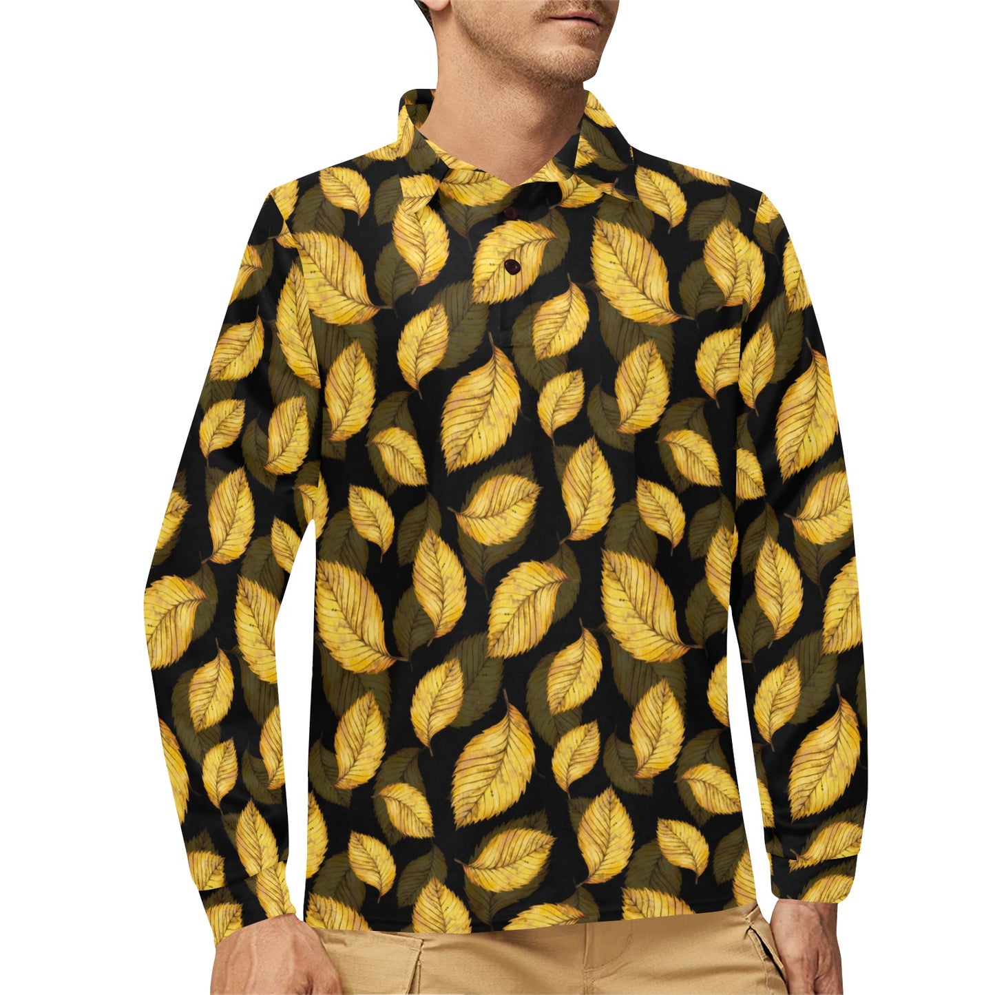 Elm Leave Summer Print Pattern Long Sleeve Polo Shirt For Men's
