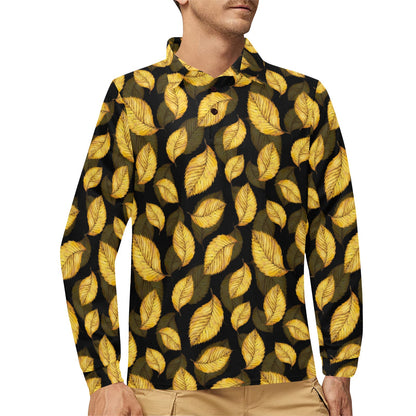 Elm Leave Summer Print Pattern Long Sleeve Polo Shirt For Men's