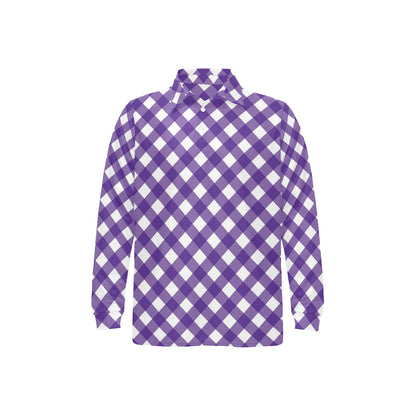 Gingham Purple Pattern Print Design 03 Long Sleeve Polo Shirt For Men's