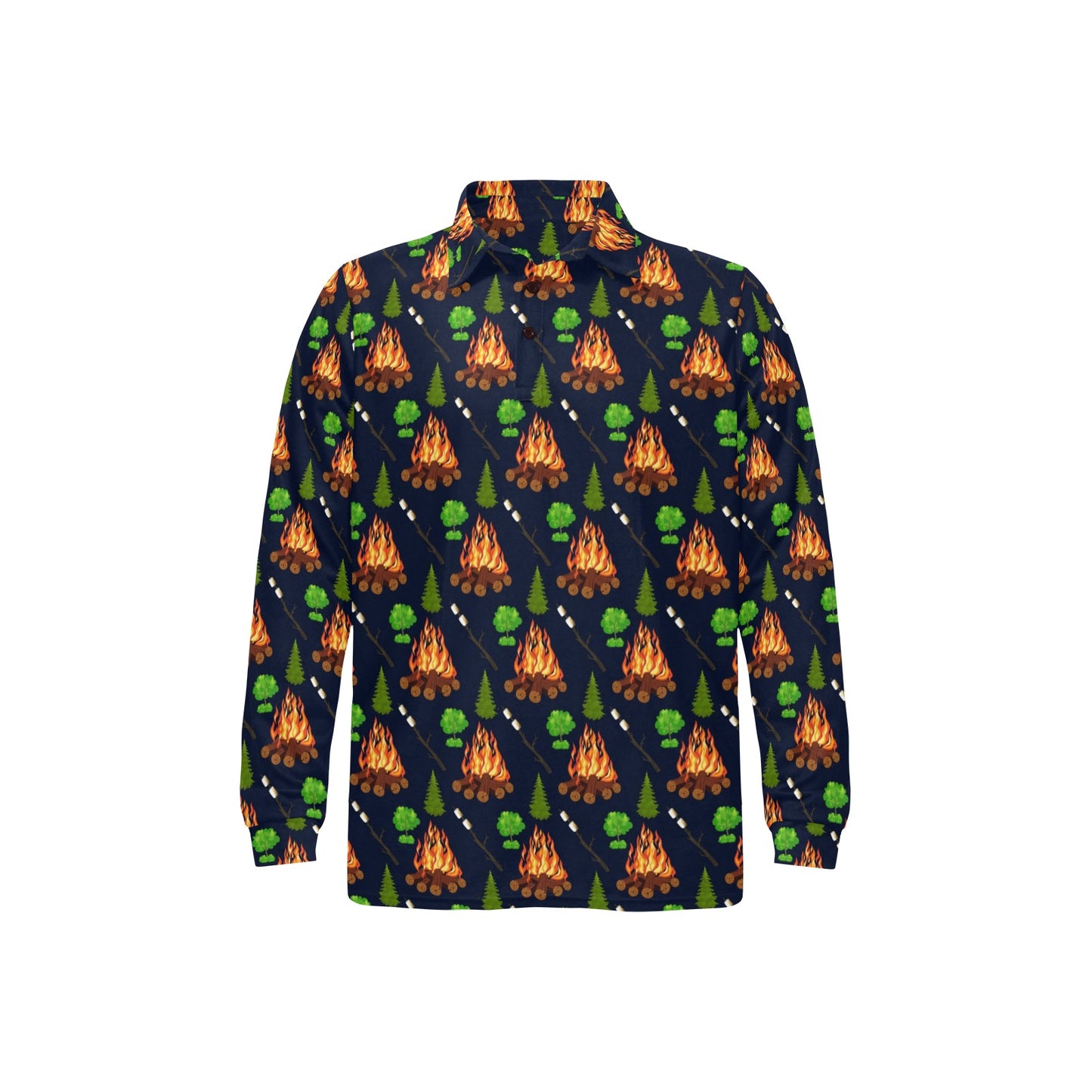 Camfire marshmallow Camping Design Print Long Sleeve Polo Shirt For Men's