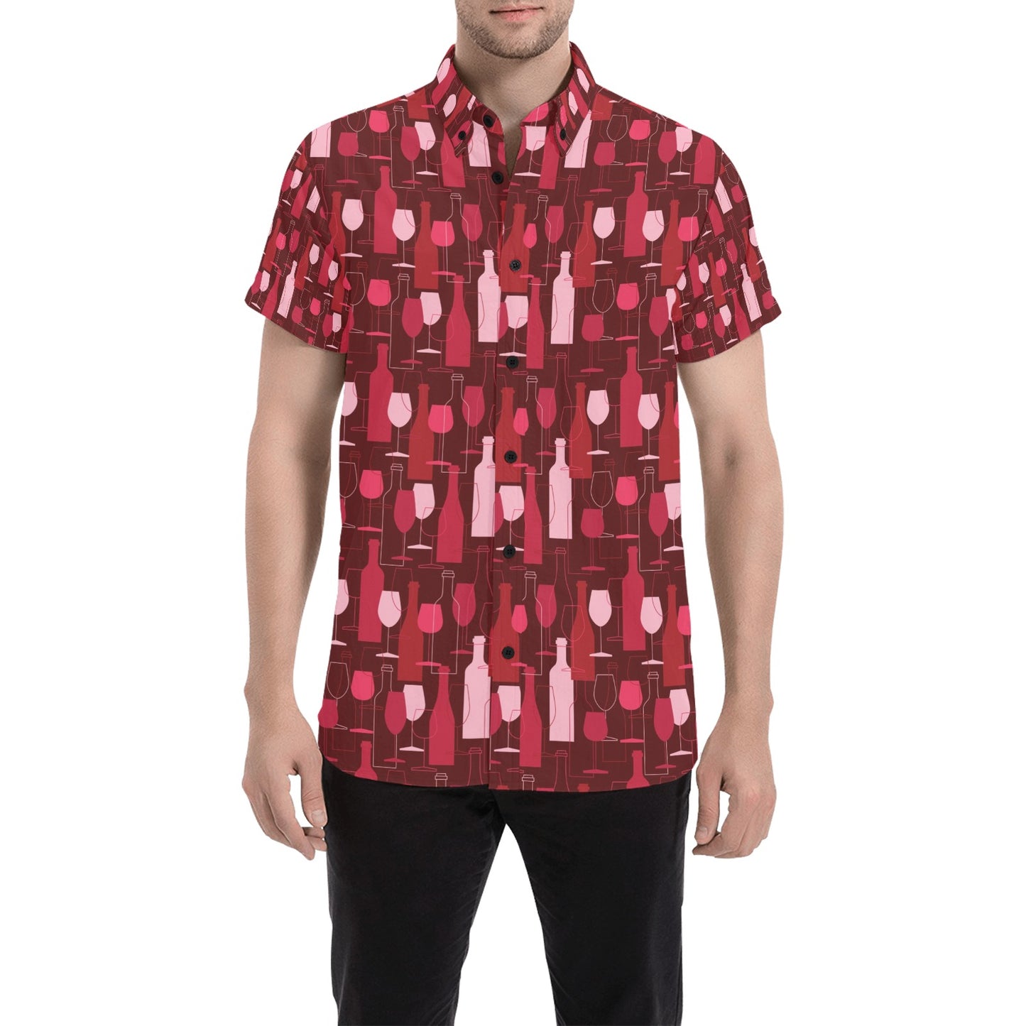 Wine Print Design LKS304 Men Short Sleeve Button Up Shirt