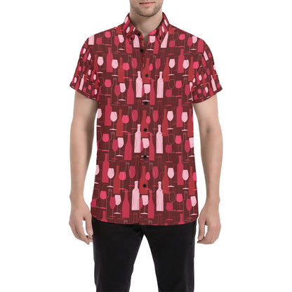 Wine Print Design LKS304 Men Short Sleeve Button Up Shirt