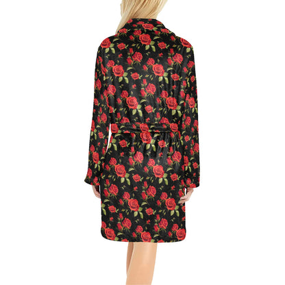 Red Rose Themed Print Women's Fleece Robe