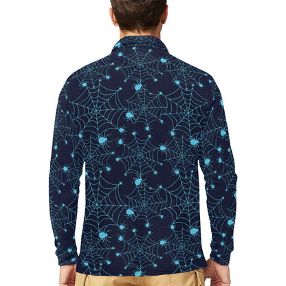 Spider Web Blue Print Design LKS304 Long Sleeve Polo Shirt For Men's