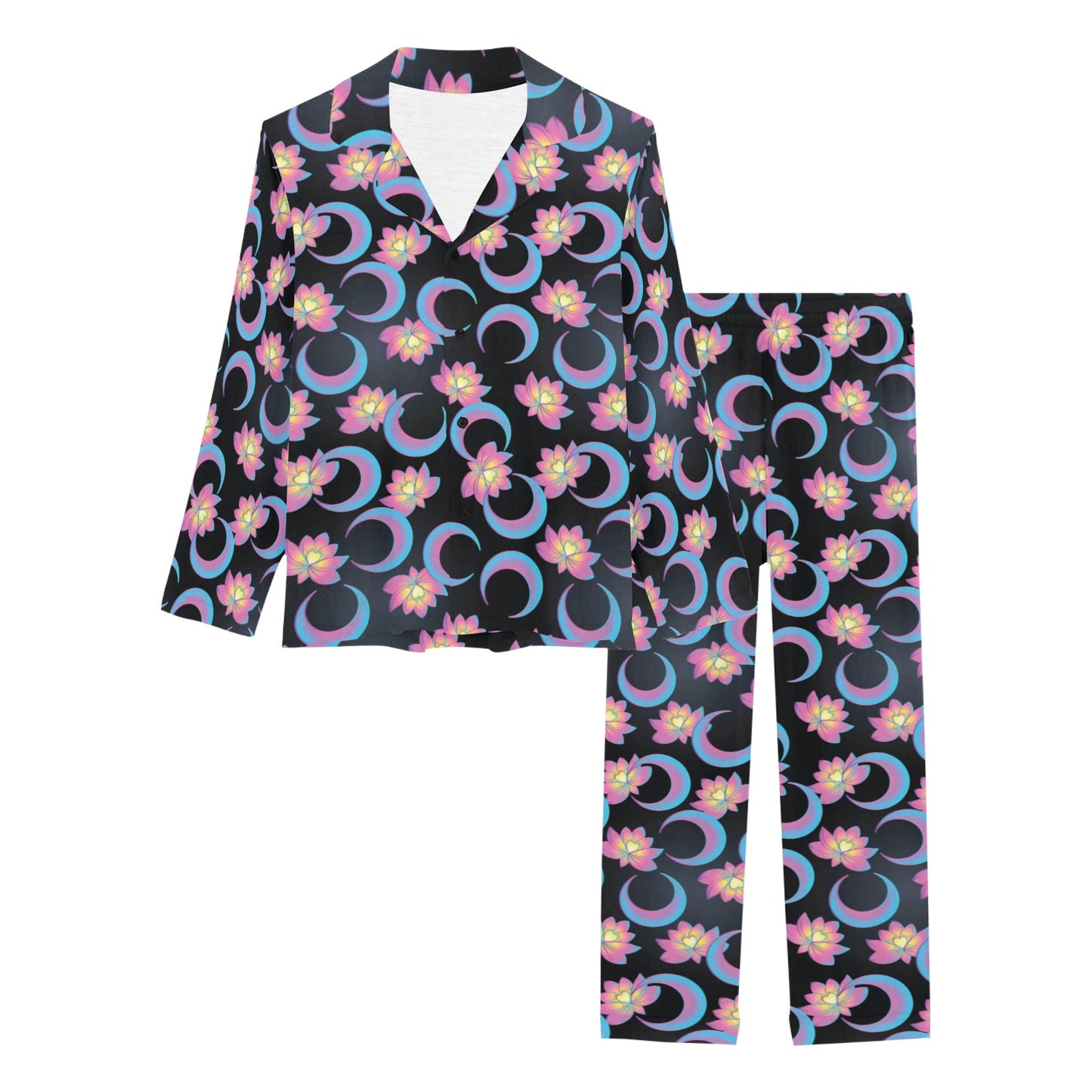 Lotus with Moon Pink Print Themed Women's Long Pajama Set