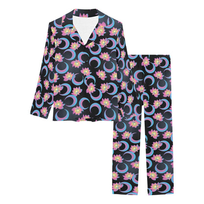 Lotus with Moon Pink Print Themed Women's Long Pajama Set