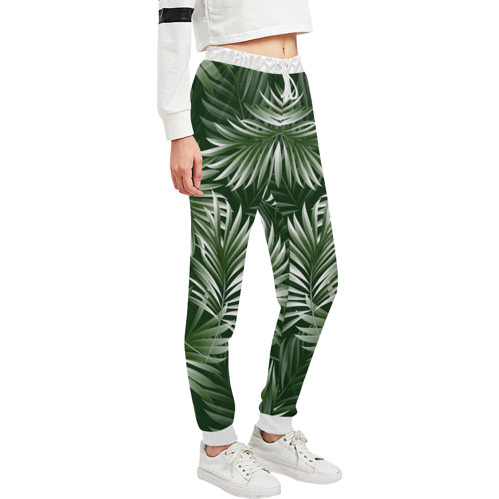 White Green Tropical Palm Leaves Unisex Sweatpants