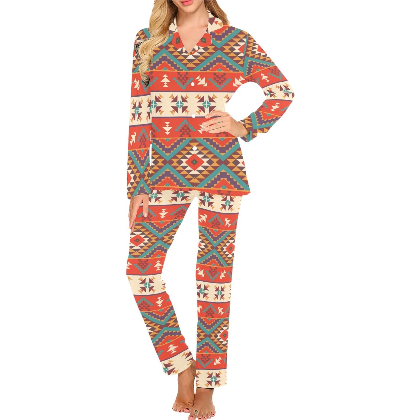 Aztec Red Print Pattern Women's Long Pajama Set