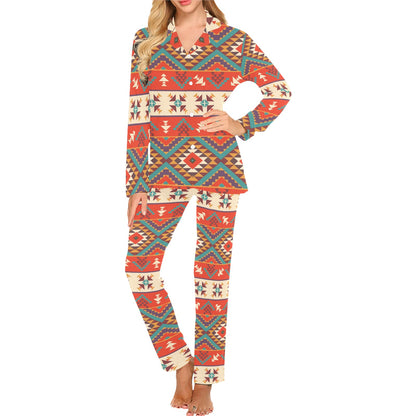 Aztec Red Print Pattern Women's Long Pajama Set