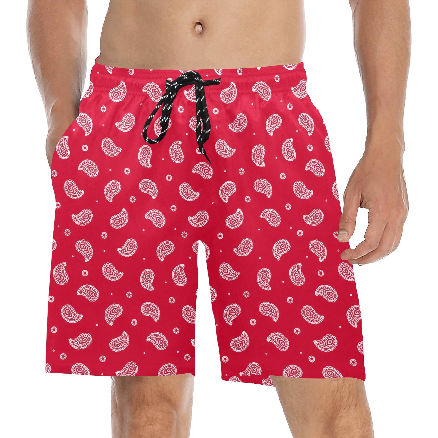 Bandana Red Paisley Print Design LKS305 Men's Swim Trunks Beach Shorts