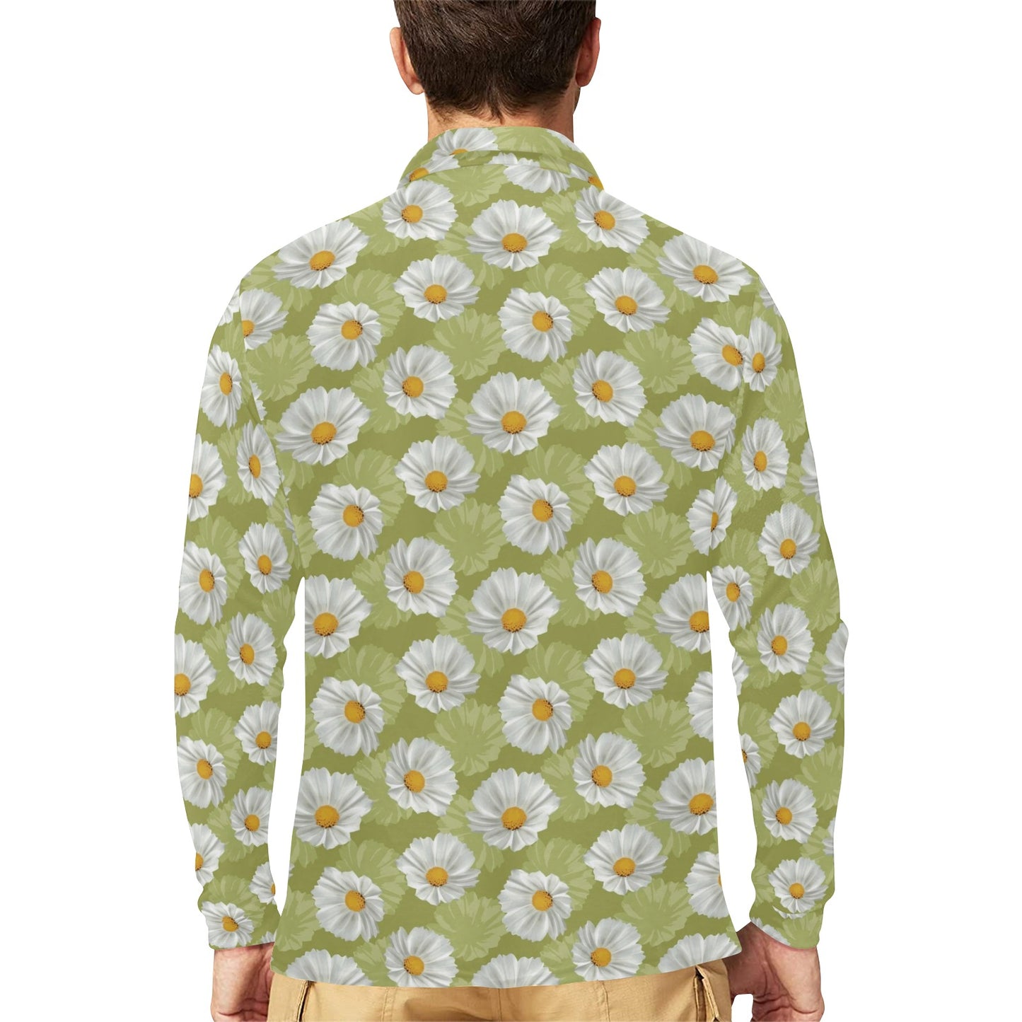 Daisy Pattern Print Design DS06 Long Sleeve Polo Shirt For Men's