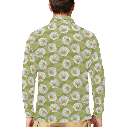 Daisy Pattern Print Design DS06 Long Sleeve Polo Shirt For Men's