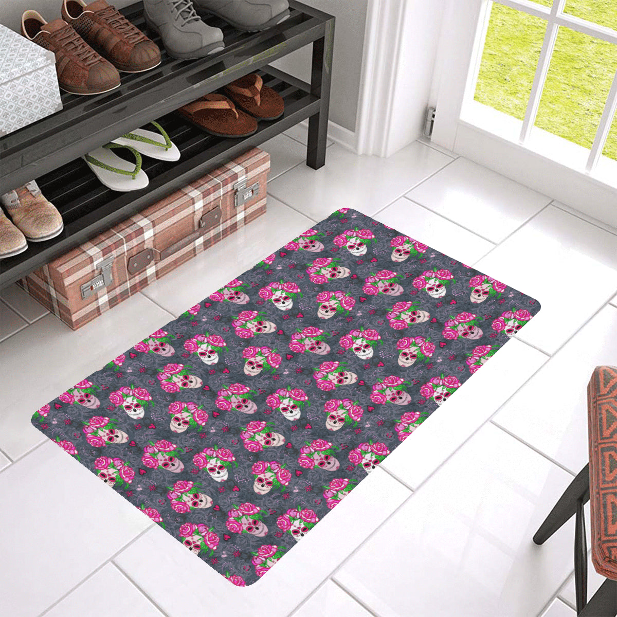 Sugar Skull Pink Rose Themed Print Rubber Doormat