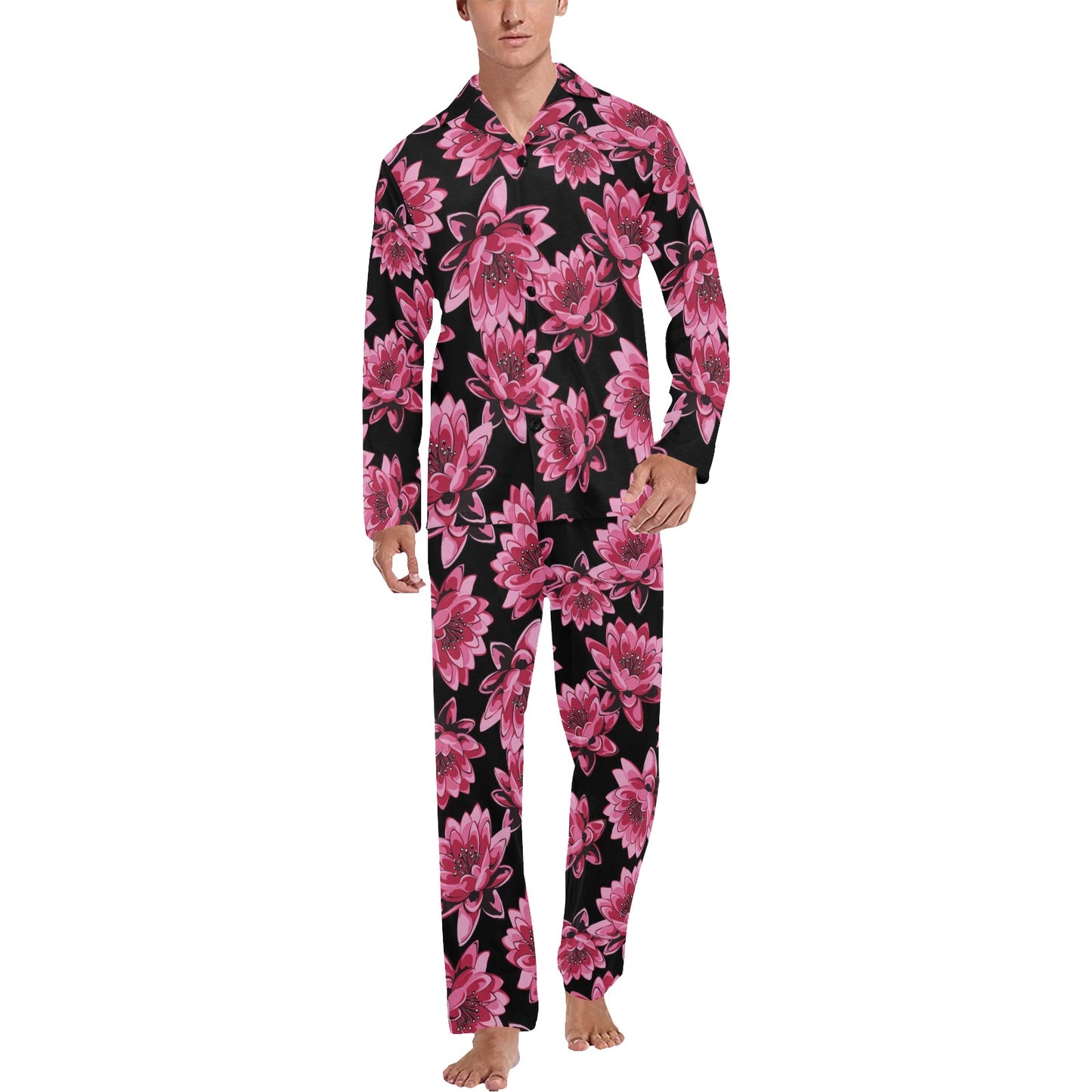 Lotus Pattern Print Design 03 Men's Long Pajama Set