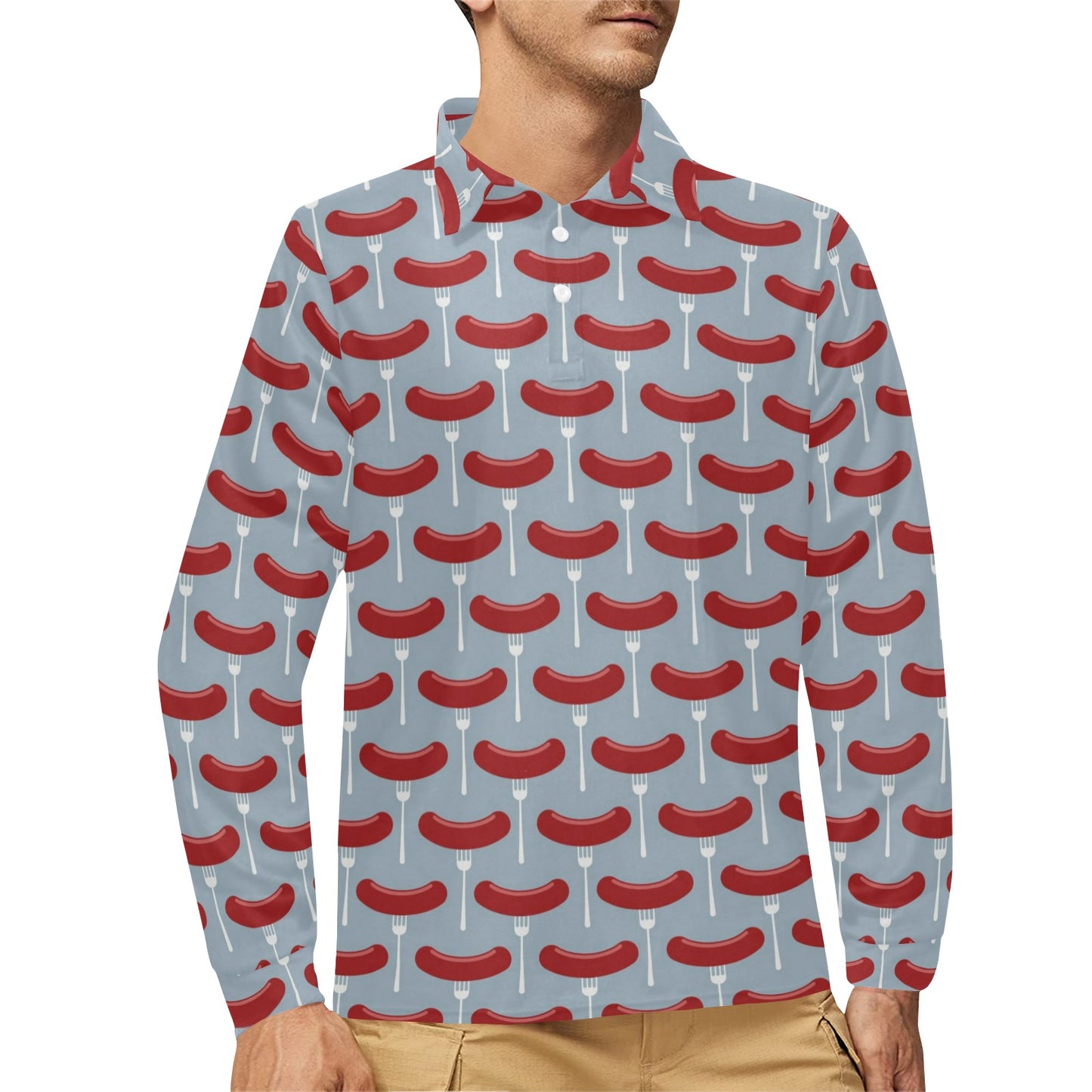 Sausage Print Design LKS301 Long Sleeve Polo Shirt For Men's