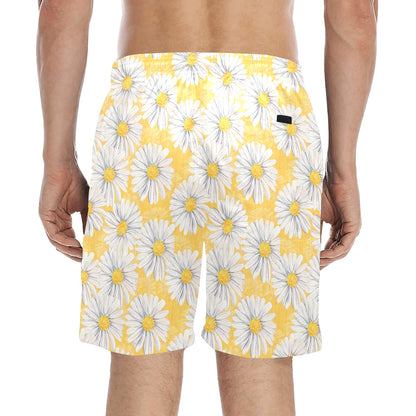 Daisy Yellow Watercolor Print Pattern Men's Swim Trunks Beach Shorts