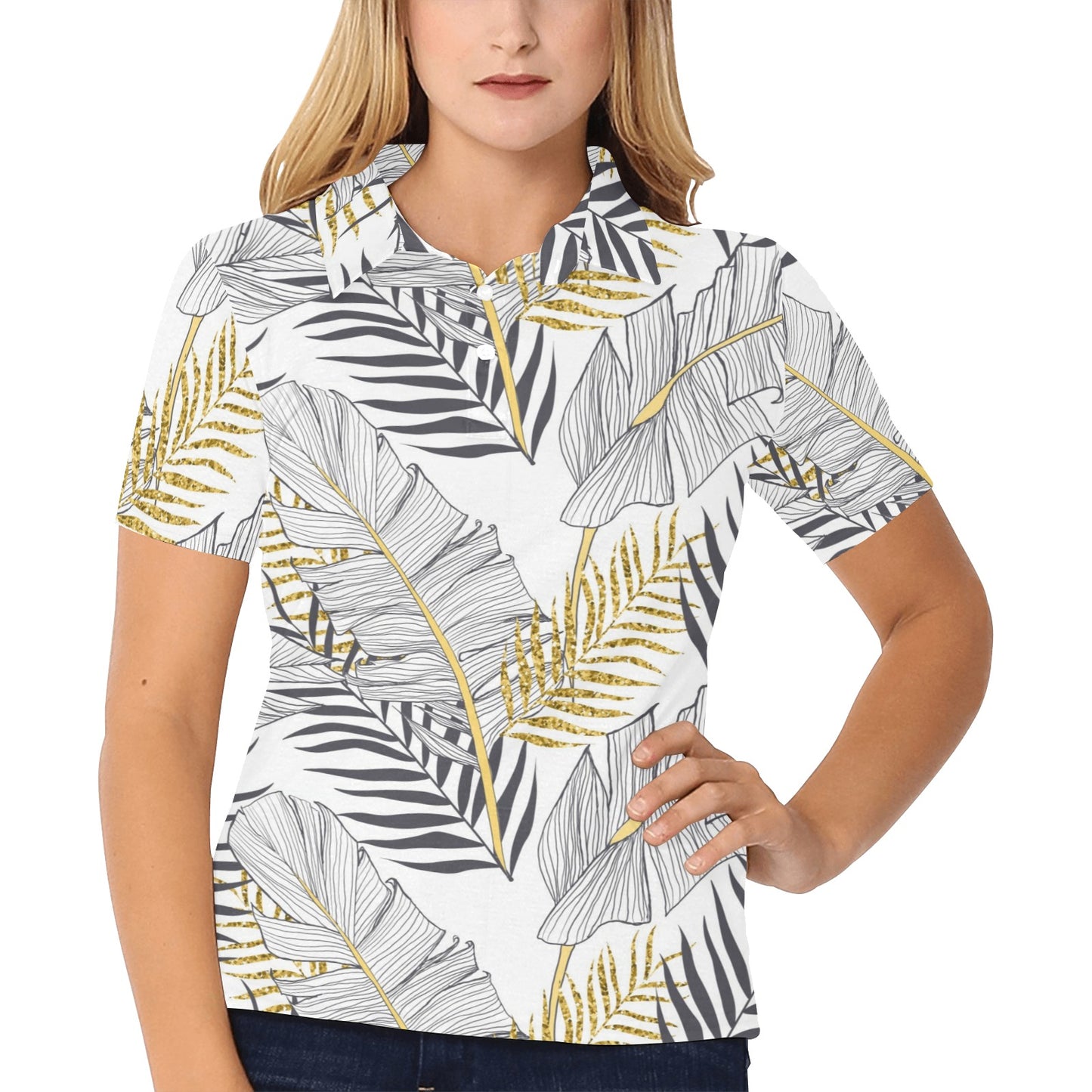 Gold Glitter Tropical Palm Leaves Women's Polo Shirt